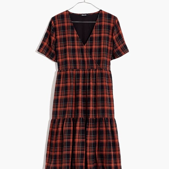 Madewell Plaid Faux-Wrap Short-Sleeve Tiered Mini Dress - Picture 3 of 8